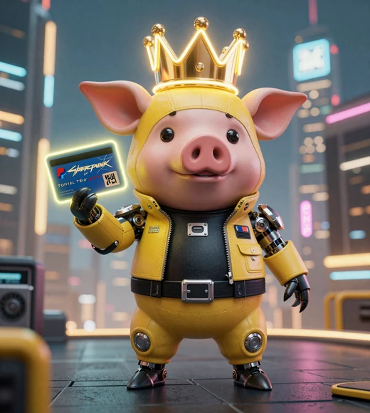 Maskottchen Buzzer Schwein h&auml;lt neon PayPal Karte im CrazyBuzzer Casino