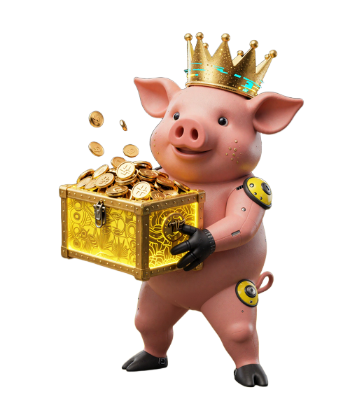 Maskottchen Buzzer mit goldenem Schatztruhe und Glitch-Krone im CrazyBuzzer Casino Bonus-Bereich