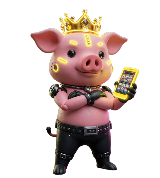 Maskottchen Buzzer Schwein mit goldener Neonkrone und Cyber-Implantaten im CrazyBuzzer Casino